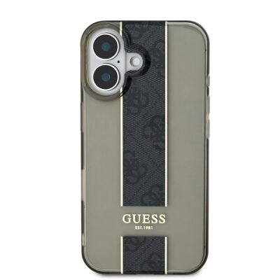 Juodas dėklas Guess IML Middle 4G Stripe telefonui Apple iPhone 16 su juoda dryžuota detale