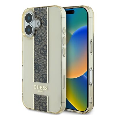 Rudas dėklas Guess IML Middle 4G Stripe telefonui Apple iPhone 16 su juodos ir rudos spalvų raštu juostoje