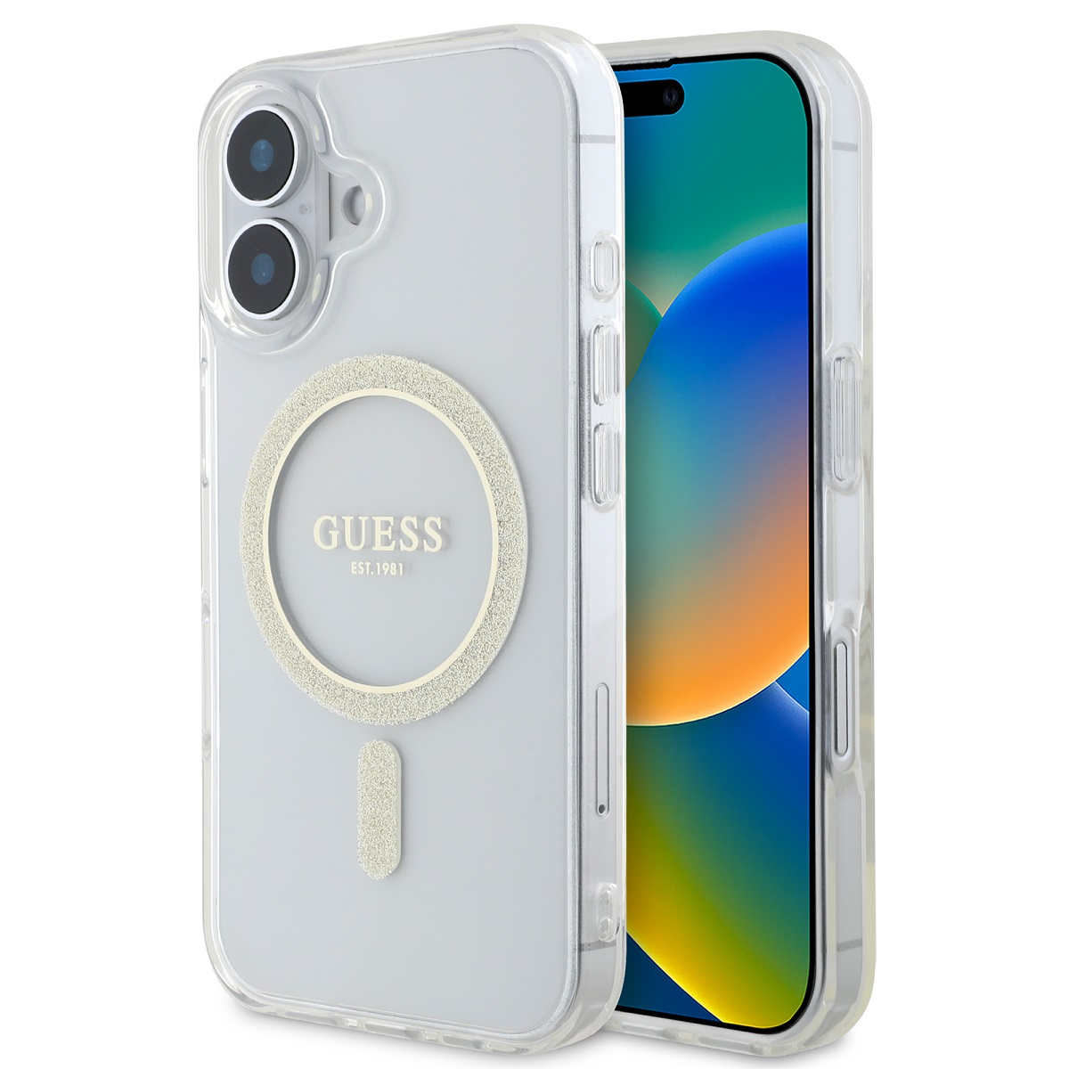 Skaidrus blizgantis dėklas Guess IML Glitter Ring MagSafe Skaidrus blizgantis dėklas Guess IML Glitter Ring MagSafe telefonui Apple iPhone 16 Plus