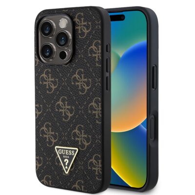 Juodas originalus dėklas Guess PU Leather 4G Triangle Metal Logo telefonui Apple Iphone 16 Pro su rudu raštu ir metaliniu logotipu