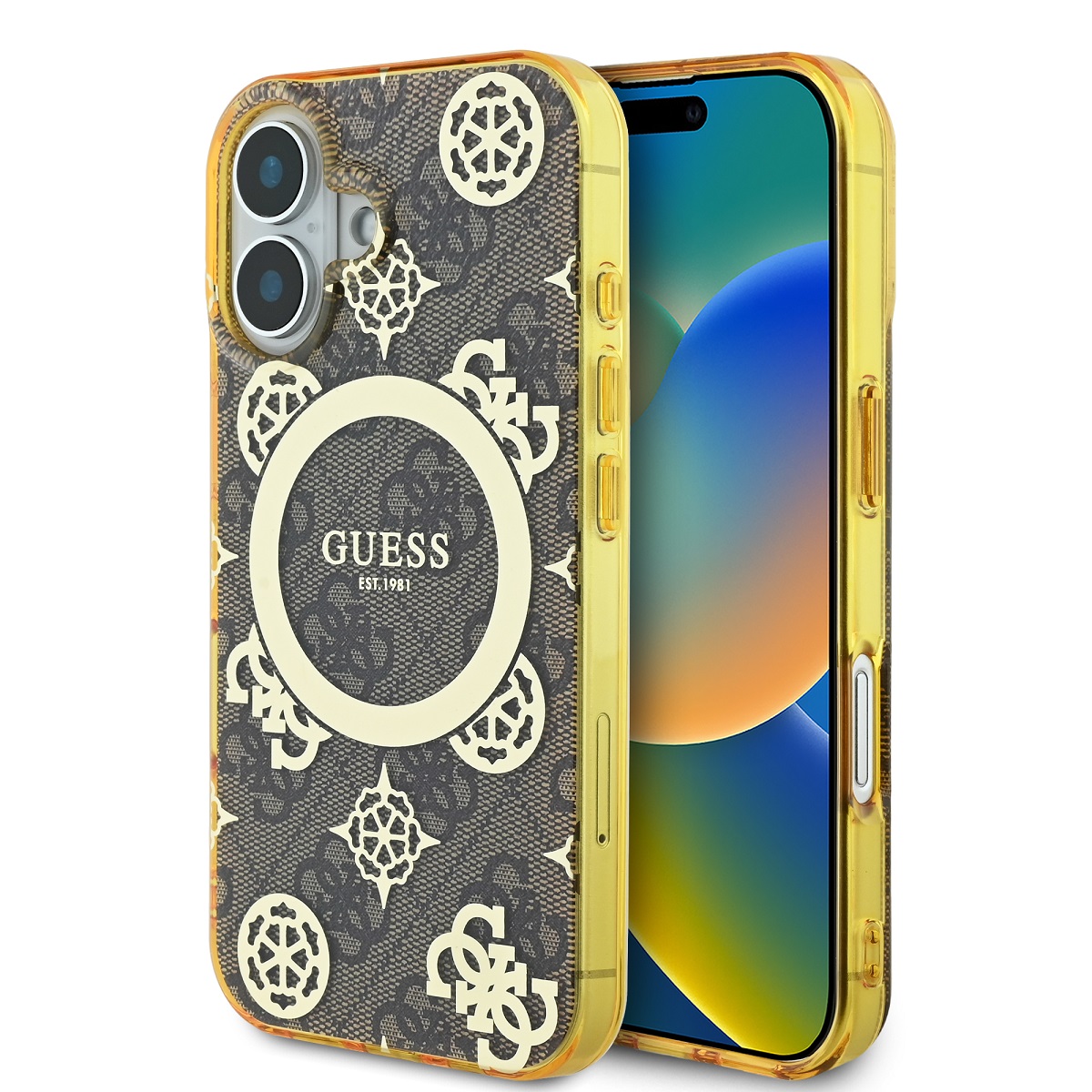 Rudas originalus dėklas Guess IML 4G Peony MagSafe telefonui Apple iPhone 16 Rudas originalus dėklas Guess IML 4G Peony MagSafe telefonui Apple iPhone 16 su geltonais šonais ir ornamentais