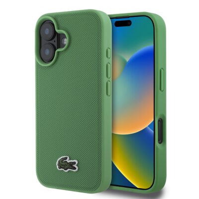 Žalias originalus dėklas Lacoste Iconic Petit Pique Woven Logo telefonui Apple iPhone 15 Pro su tekstūriniu paviršiumi ir siuvinėta krokodilo emblemą