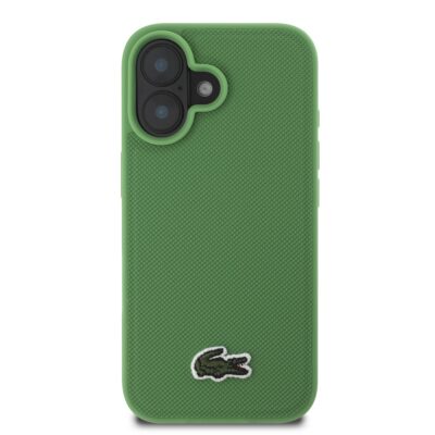 Žalias originalus dėklas Lacoste Iconic Petit Pique Woven Logo telefonui Apple iPhone 15 Pro su tekstūruota medžiaga ir siuvinėtu logotipu