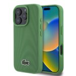 Žalias originalus dėklas Lacoste Iconic Petit Pique Woven Logo telefonui Apple iPhone 16 Pro su tekstūruota medžiagine išorine dalimi ir citrinžalios spalvos rėmeliu