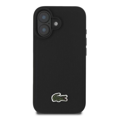 Juodas originalus dėklas Lacoste Iconic Petit Pique Woven Logo telefonui Apple iPhone 16 Plus su siuvinėtu krokodilo logotipu