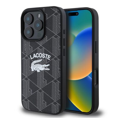Juodas originalus dėklas Lacoste Blend Monogram MagSafe telefonui Apple Iphone 16 Pro su baltu Lacoste logotipu