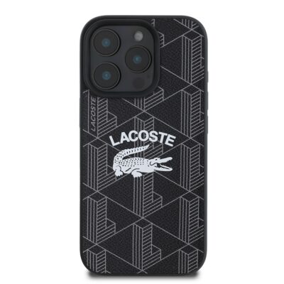Juodas originalus dėklas Lacoste Blend Monogram MagSafe telefonui Apple Iphone 16 Pro su geometriniu raštu ir balta Lacoste ženklelio spauda