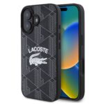 Juodas originalus dėklas Lacoste Blend Monogram MagSafe telefonui Apple Iphone 16 Pro Max su baltu krokodilo logotipu ir geometriniu raštu