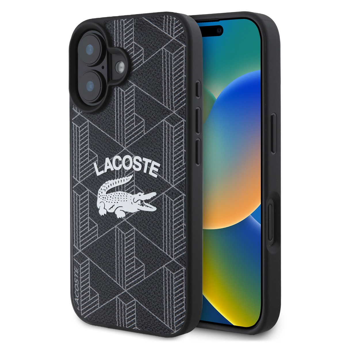 Juodas originalus dėklas Lacoste Blend Monogram MagSafe Juodas originalus dėklas Lacoste Blend Monogram MagSafe telefonui Apple Iphone 16 Pro Max su baltu krokodilo logotipu ir geometriniu raštu