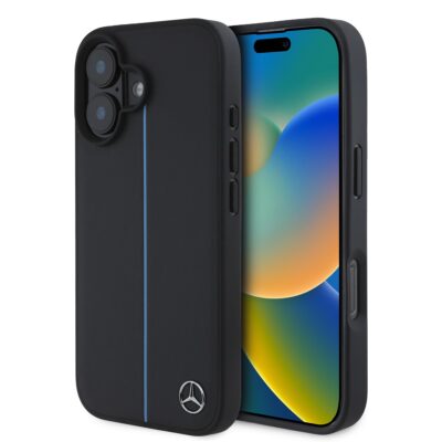 Juodas originalus dėklas Mercedes Leather Blue Stripe MagSafe telefonui Apple iPhone 16 su mėlyna dryžine linija ir Mercedes logotipu