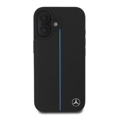 Juodas originalus dėklas Mercedes Leather Blue Stripe telefonui Apple iPhone 16 su mėlyna juostele