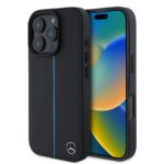 Juodas originalus dėklas Mercedes Leather Blue Stripe MagSafe telefonui Apple iPhone 16 Pro su mėlyna juostele ir Mercedes simboliu