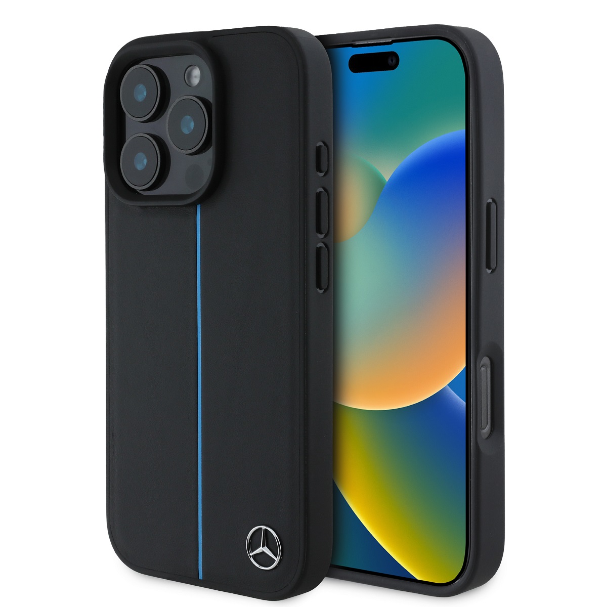Juodas originalus dėklas Mercedes Leather Blue Stripe MagSafe Juodas originalus dėklas Mercedes Leather Blue Stripe MagSafe telefonui Apple iPhone 16 Pro su mėlyna juostele ir Mercedes simboliu