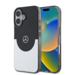 Juodas-sidabrinis dėklas telefonui Apple Iphone 16 su Mercedes logotipu ir permatomu TPU kraštu