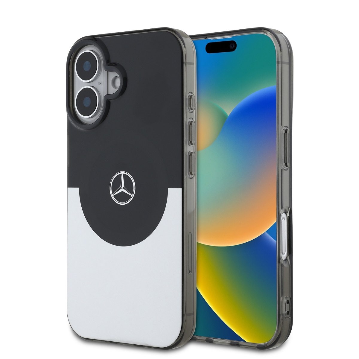 Juodas-sidabrinis dėklas telefonui Apple Iphone 16 Mercedes PC TPU Juodas-sidabrinis dėklas telefonui Apple Iphone 16 su Mercedes logotipu ir permatomu TPU kraštu