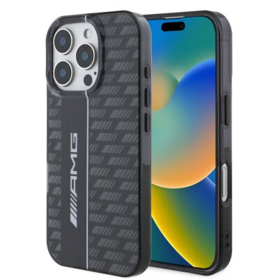 Juodas dėklas telefonui Apple Iphone 16 Pro Max AMG Carbon Pattern su raštu ir AMG logotipu