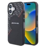 Juodas-raudonas originalus dėklas AMG Rhombs MagSafe telefonui Apple Iphone 16 su raudonomis linijomis ir AMG logotipu