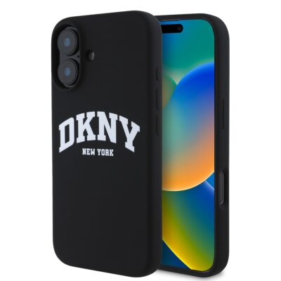 Juodas dėklas telefonui Apple Iphone 16 DKNY Liquid Silicone Arch Logo MagSafe su baltais DKNY užrašais