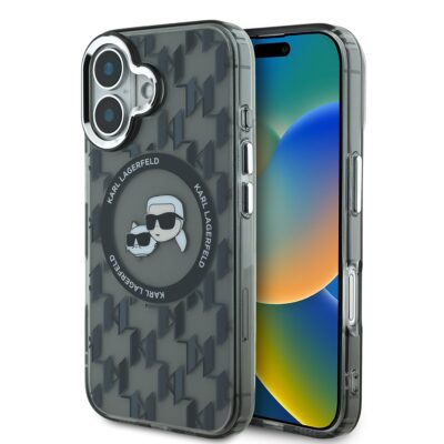 Juodas dėklas Karl Lagerfeld IML Monogram K&CH Heads MagSafe telefonui Apple iPhone 16 su matiniu paviršiumi