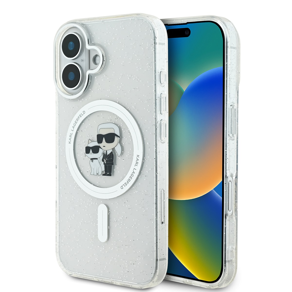 Skaidrus dėklas Karl Lagerfeld iPhone 16 Skaidrus originalus dėklas Karl Lagerfeld IML Glitter su MagSafe Apple iPhone 16 telefonui