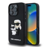 Juodas originalus dėklas Karl Lagerfeld 3D Rubber Karl and Choupette telefonui Apple iPhone 16 Pro Max su stilizuotu Karl Lagerfeld ir katės figūromis