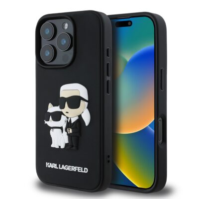 Juodas originalus dėklas Karl Lagerfeld PU Saffiano Karl and Choupette telefonui Apple Iphone 16 Pro Max su baltu Karl ir katės atvaizdu