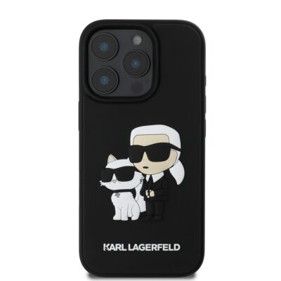 Juodas originalus dėklas Karl Lagerfeld PU Saffiano su Karl ir Choupette piešiniais Apple iPhone 16 Pro Max telefonui.