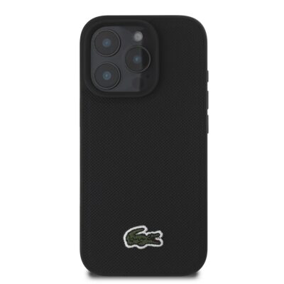 Juodas originalus dėklas Lacoste Iconic Petit Pique Woven Logo telefonui Apple iPhone 16 Pro Max su siuvinėtu krokodilo logotipu
