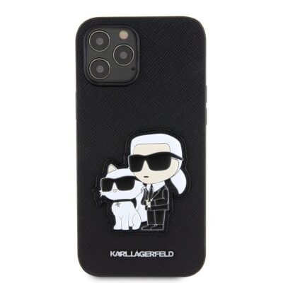 Juodas originalus dėklas Karl Lagerfeld PU Saffiano su Karl ir Choupette iliustracija Apple iPhone 12/12 Pro telefonui