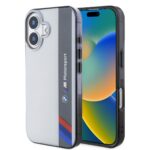 Pilkas dėklas BMW IML Motorsport Vertical Stripe telefonui Apple Iphone 16 su skaidriu viršumi ir juodu šonu