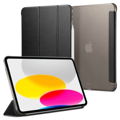 Juodas dėklas Apple Ipad 10.9 10 2022 Spigen Smart Fold su pakeliamu langu ir skaidriu nugarėlių dangteliu