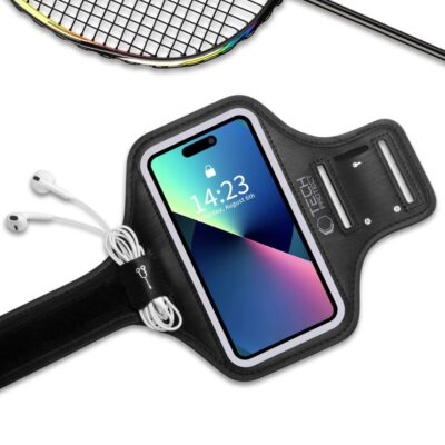 Juodas dėklas ant rankos TECH-PROTECT M4 UNIVERSAL SPORT ARMBAND su permatomu ekrano langeliu ir ausinių laikikliu