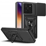 Juodas dėklas Xiaomi 14T Pro Tech-Protect Camshield Pro su kamera uždanga ir stoveliu