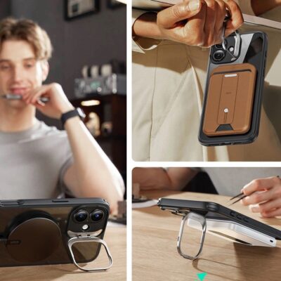 Juodas-skaidrus dėklas su apsauginiu stiklu Apple Iphone 16 Plus matomas su metaliniu stovu ir rudai ruda išorinė dalis