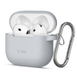 Pilkas dėklas Apple Airpods 4 Tech-Protect Silicone Hook su ausinėmis ir metaliniu kabliu