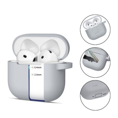 Pilkas dėklas Apple Airpods 4 Tech-Protect Silicone Hook su apsauga nuo drėgmės ir patogiu užsegimu