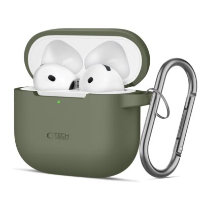 Olive žalias dėklas Apple Airpods 4 Tech-Protect Silicone Hook su metaliniu karabinu