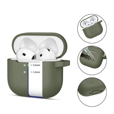 Olive žalias dėklas Apple Airpods 4 Tech-Protect Silicone Hook su atidarytu dangteliu, matomos baltos ausinės ir silikono medžiaga