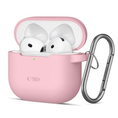 Stilingas rožinis dėklas Apple Airpods 4 Tech-Protect Silicone Hook su sidabro spalvos karabinu