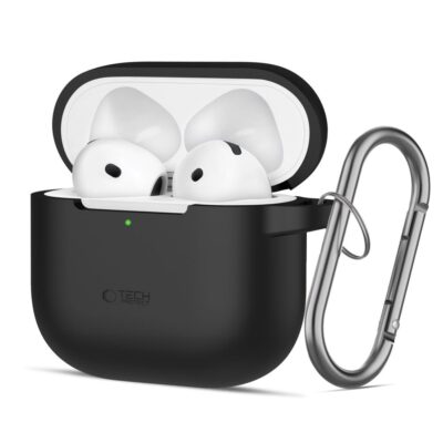 Juodas dėklas Apple Airpods 4 Tech-Protect Silicone Hook su metaliniu kabliu