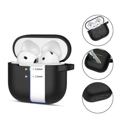 Juodas dėklas Apple Airpods 4 Tech-Protect Silicone Hook matomas su Airpods ausinėmis ir apsauga nuo įbrėžimų