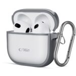 Pilkas matinis dėklas Apple Airpods 4 TECH-PROTECT MAGMAT su įdėtais baltos spalvos ausinėmis ir segtuku