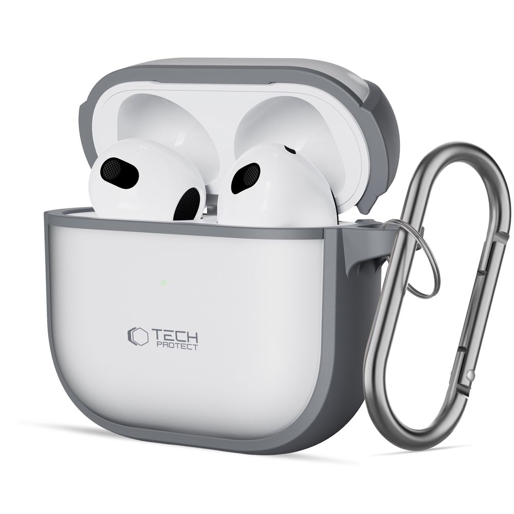 Pilkas matinis dėklas Apple Airpods 4 TECH-PROTECT MAGMAT Pilkas matinis dėklas Apple Airpods 4 TECH-PROTECT MAGMAT su įdėtais baltos spalvos ausinėmis ir segtuku