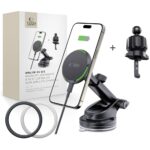 Juodas telefono laikiklis TECH-PROTECT MM15W-V6 QI2 magnetinis, sumontuotas ant automobilio prietaisų skydelio ir ventiliacijos grotelių, su belaidžio įkrovimo funkcija.