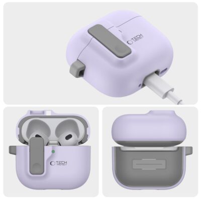 Levandų spalvos dėklas Apple Airpods 4 Tech-Protect Slim Hook su pilkais elementais ir įkrovimo kabeliu