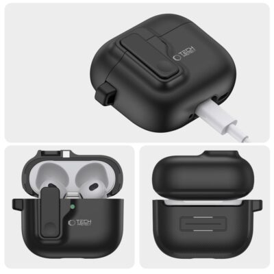 Juodas dėklas Apple Airpods 4 Tech-Protect Slim Hook su įjungtu krovimo kabeliu