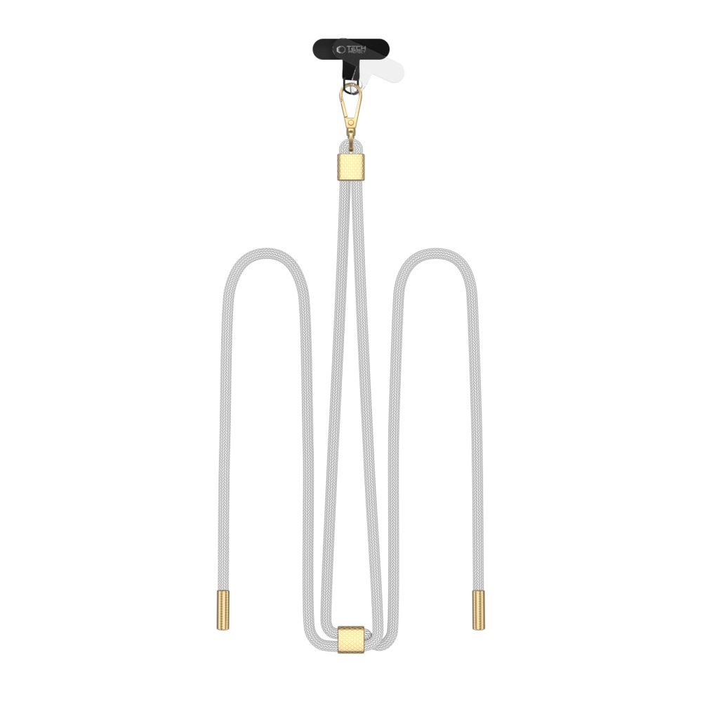 Pilkas-auksinis dirželis TECH-PROTECT C2S ROPE CROSSBODY STRAP pilkas-auksinis dirzelis tech-protect c2s rope crossbody strap su metaliniais auksiniais elementais