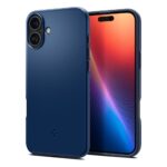 Tamsiai mėlynas dėklas Apple Iphone 16 Spigen Thin Fit Mag Magsafe matomas iš priekio ir nugarėlės