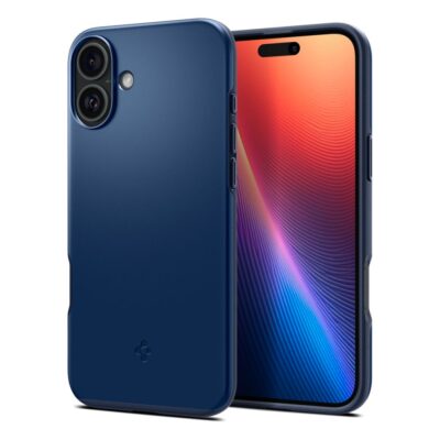 Tamsiai mėlynas dėklas Apple Iphone 16 Spigen Thin Fit Mag Magsafe matomas iš priekio ir nugarėlės
