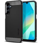 Juodas matinis dėklas Samsung Galaxy A16 4G / 5G Spigen Rugged Armor su anglies pluošto rašto detalėmis viršuje ir apačioje